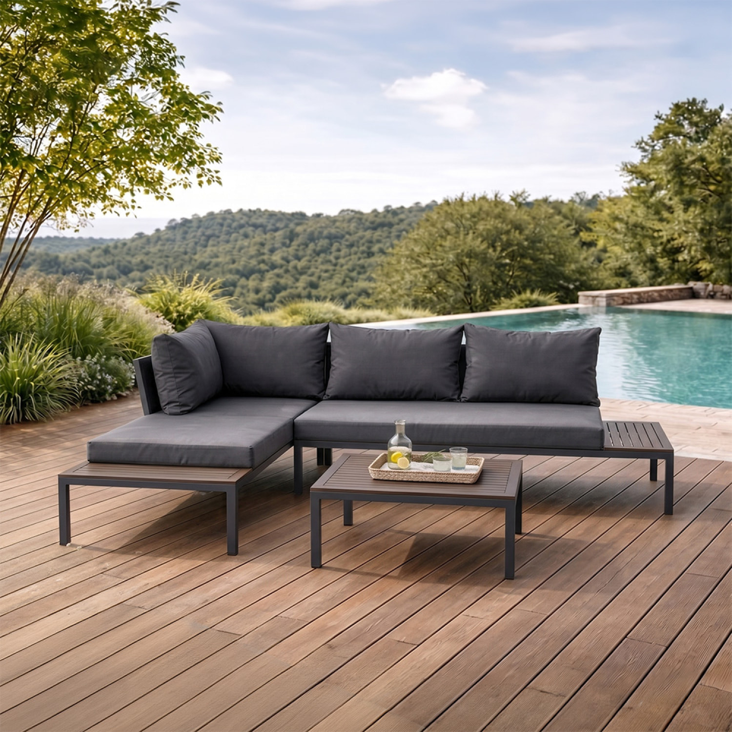 Salon de jardin 3-4 places avec table basse gris foncé CANEE