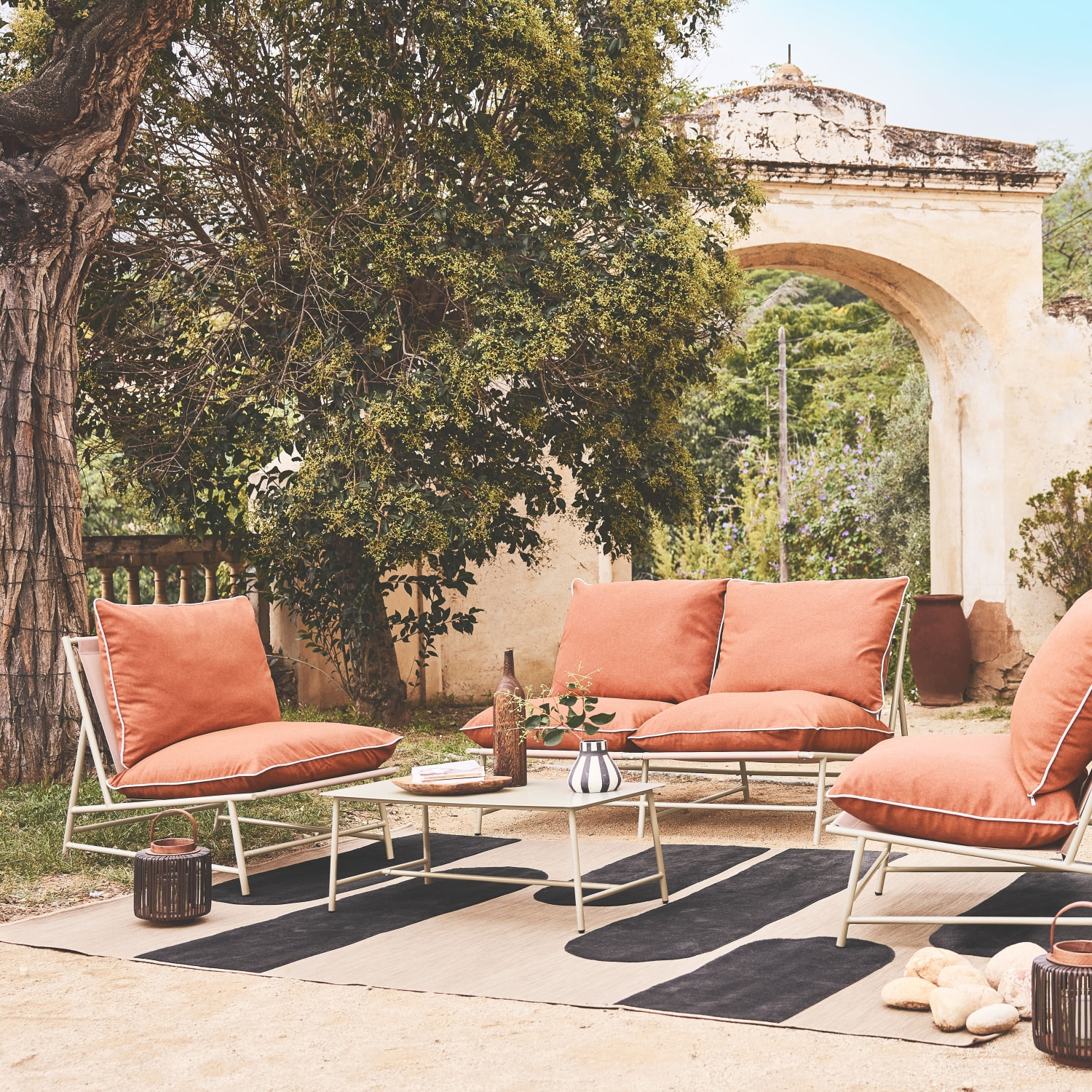 Salon de jardin acier SOFIA beige et terracotta. 4 places. table rectangulaire