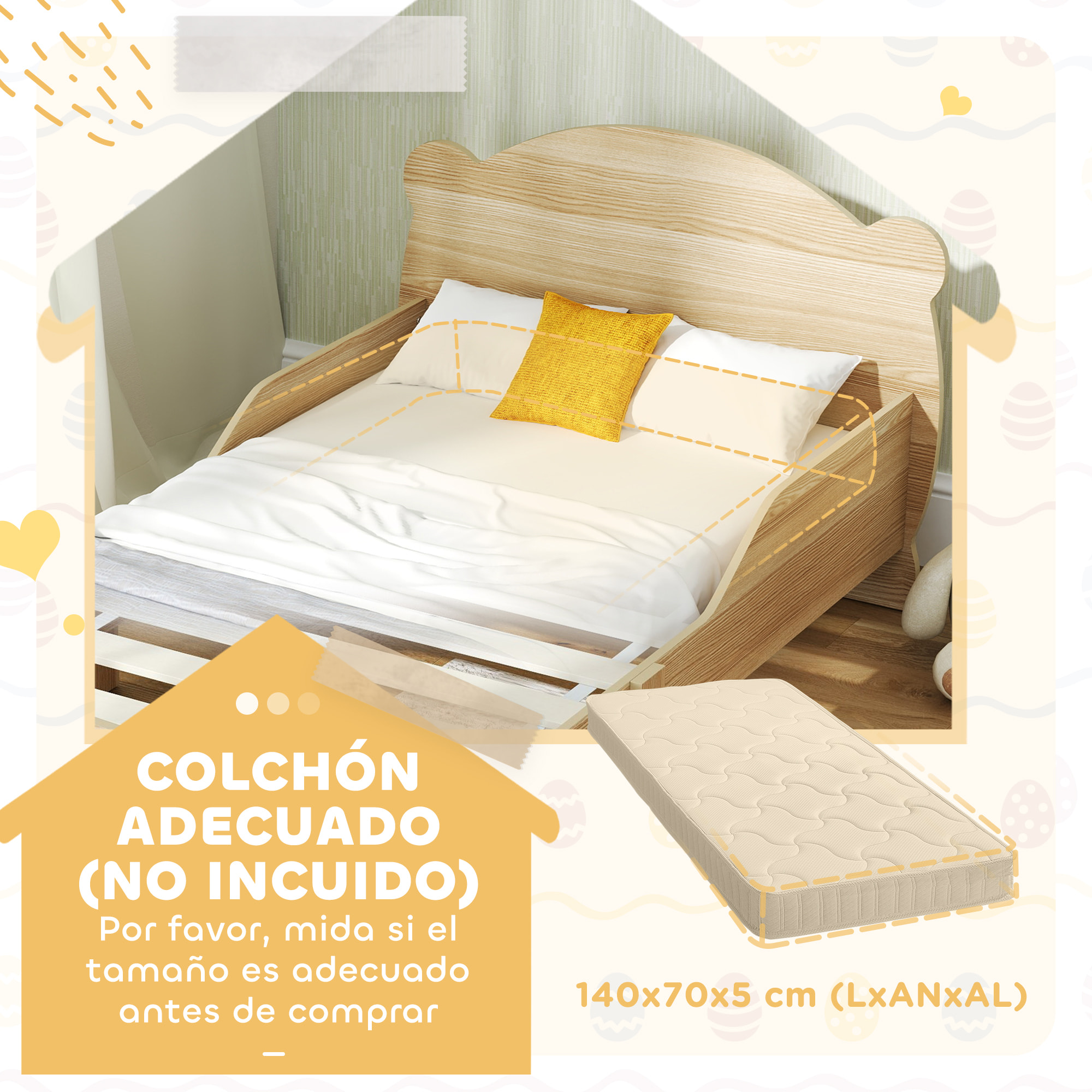 Cama para Niños de +3 Años 140x70 cm Cama Infantil de Madera Cabecero en Forma de Oso Carga 80 kg para Dormitorio Natural