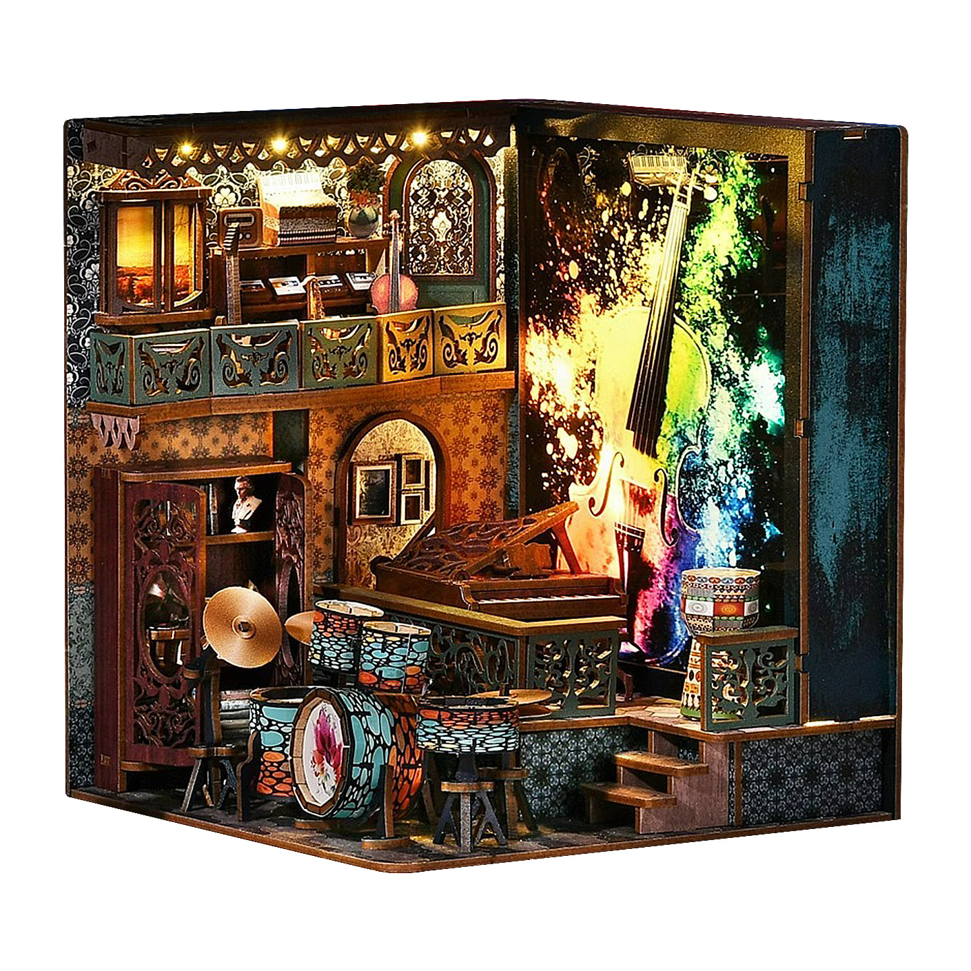 Explosión de notas. Book Nook de madera, diseño 3D realista, marco luminoso con fondo intercambiable.