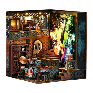 Explosión de notas. Book Nook de madera, diseño 3D realista, marco luminoso con fondo intercambiable.