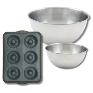 Lot avec 1 Moule 6 donuts en fibre de verre, 1 spatule Zenker et 2 bols à mixer en inox Fackelmann