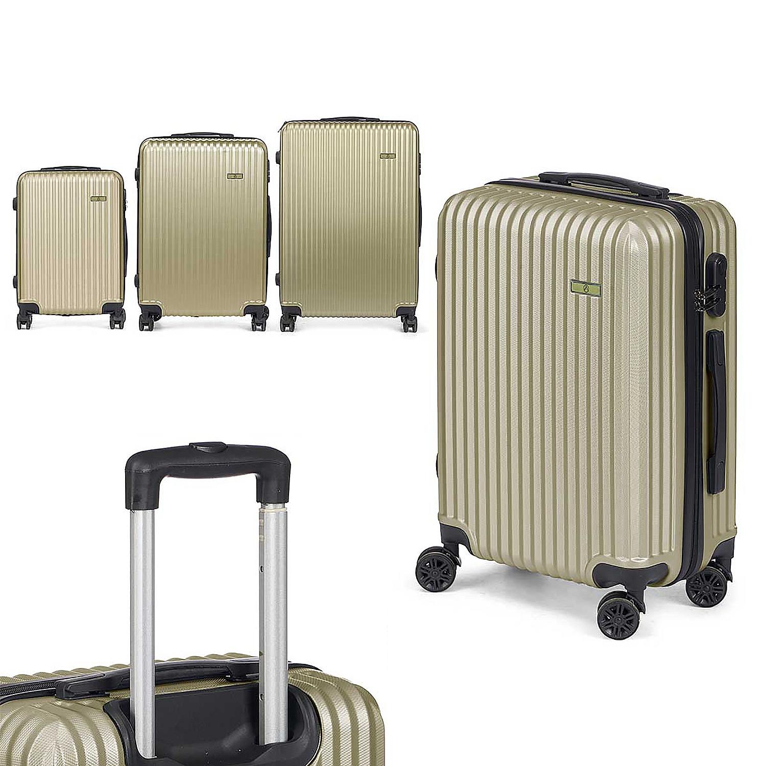 Set di 3 valigie trolley in ABS, leggere e resistenti. Progettazione del nastro.