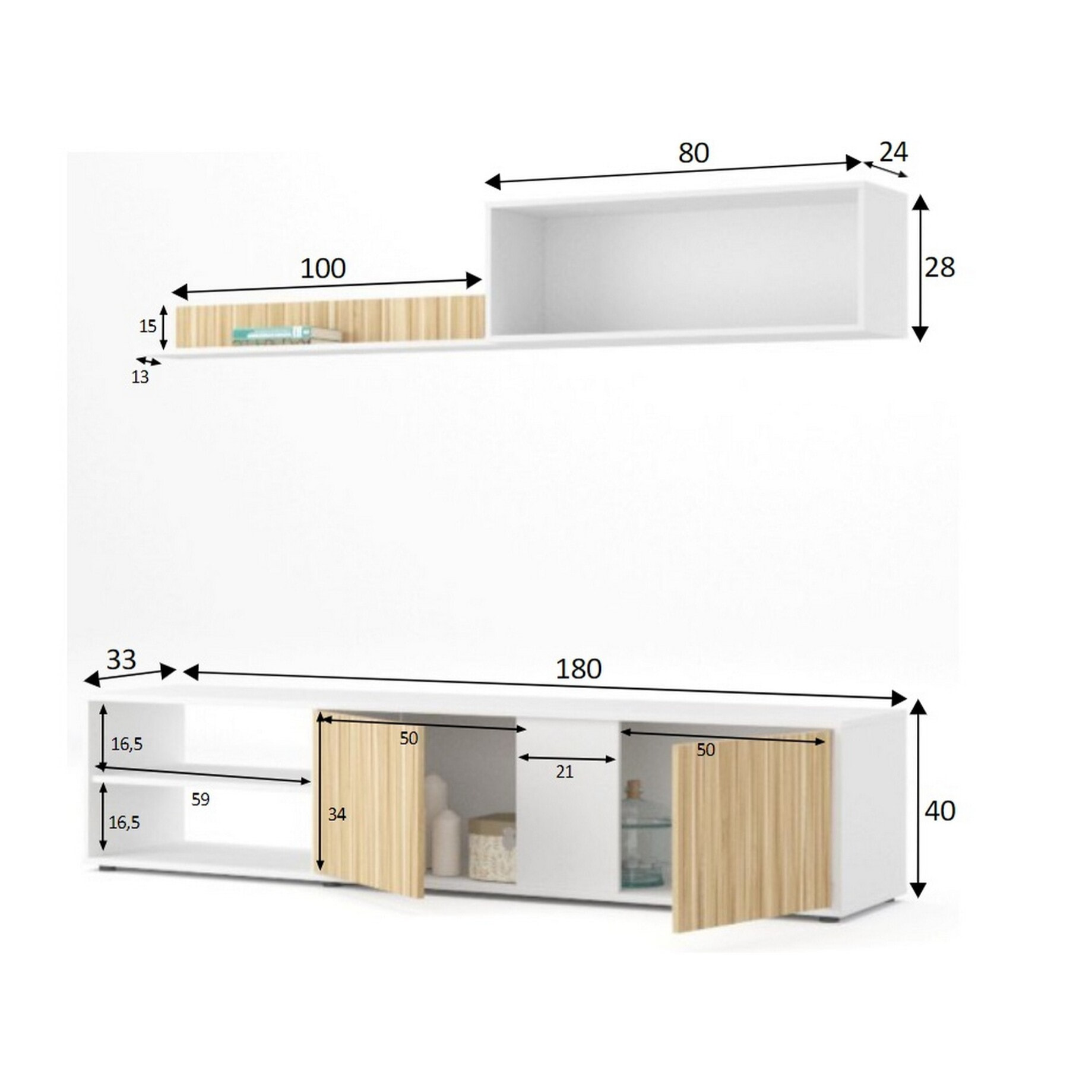 Parete attrezzata Agrestino, Mobile da soggiorno porta TV, Composizione set salotto, Set salotto con pensile, 180x33h40 cm, Bianco e Rovere