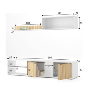 Parete attrezzata Agrestino, Mobile da soggiorno porta TV, Composizione set salotto, Set salotto con pensile, 180x33h40 cm, Bianco e Rovere