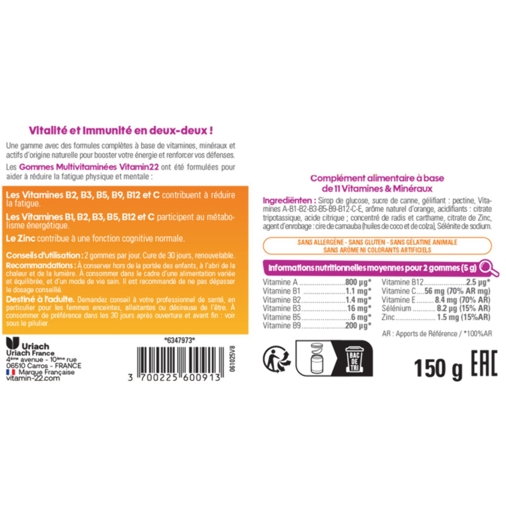 VITAMIN'22 - Gommes Multivitaminées "Energy Boost" - Complément alimentaire à base de 11 vitamines & minéraux - Tonus & Réduction de la fatigue - Goût orange - 60 gommes - Cure 30 jours