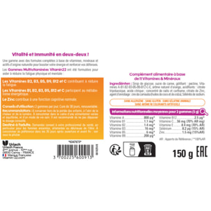 VITAMIN'22 - Gommes Multivitaminées "Energy Boost" - Complément alimentaire à base de 11 vitamines & minéraux - Tonus & Réduction de la fatigue - Goût orange - 60 gommes - Cure 30 jours