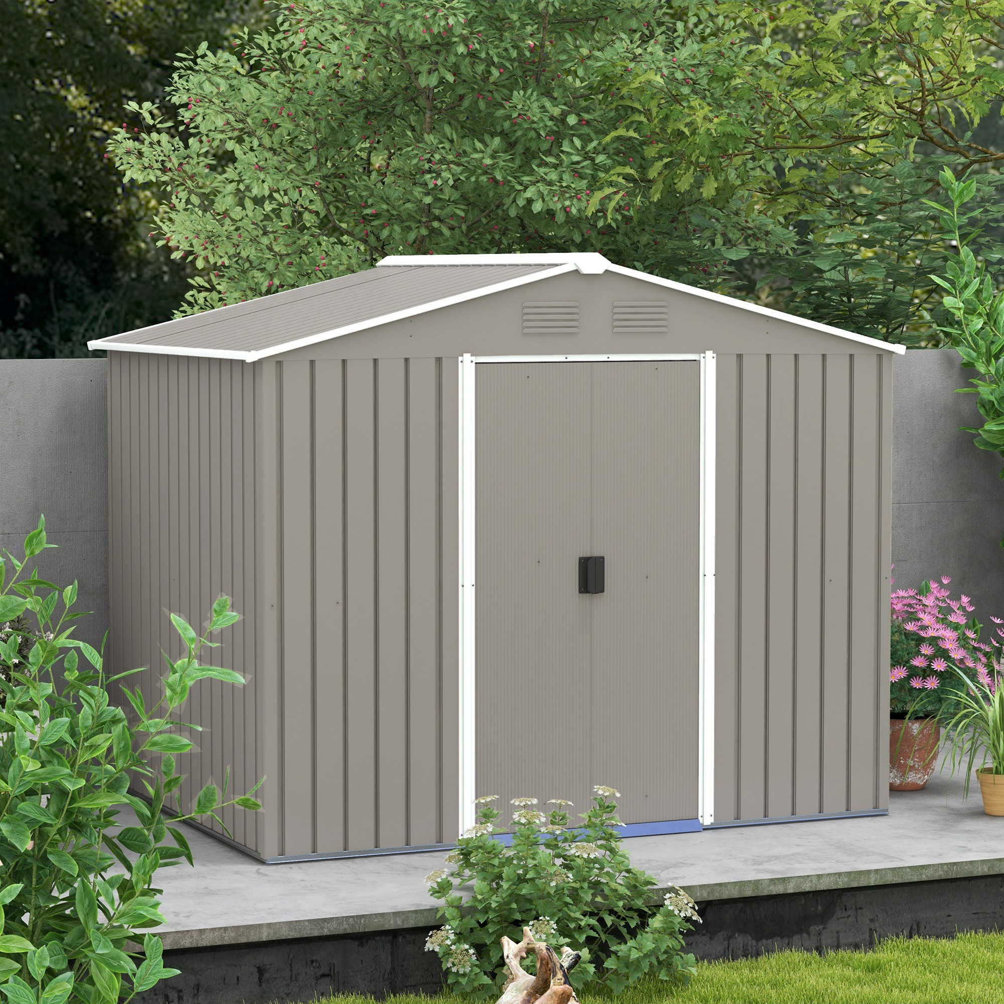 Caseta de Jardín Exterior 3,6 m² 236x174x190 cm Cobertizo de Jardín Exterior con 2 Puertas Correderas Techo Inclinado y 4 Ventanas para Patio Terraza Gris Claro