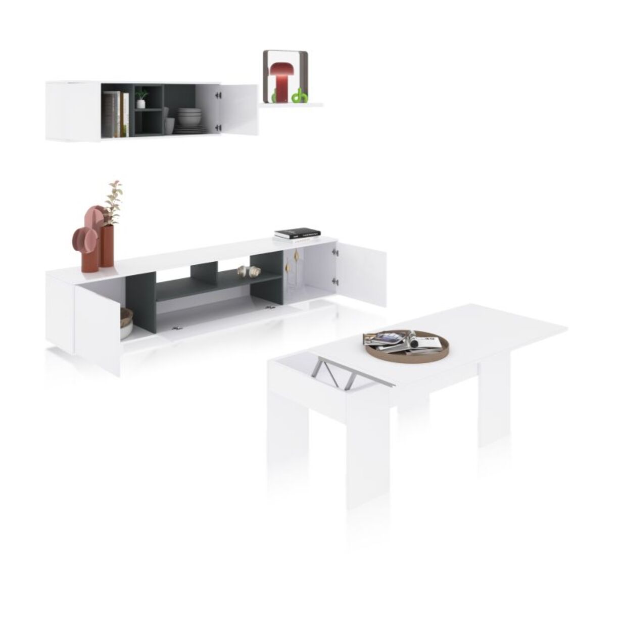 Pack salón con mesa de centro Kenzo Plus V2 Blanco Brillo - Gris Antracita