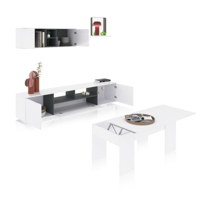 Pack salón con mesa de centro Kenzo Plus V2 Blanco Brillo - Gris Antracita