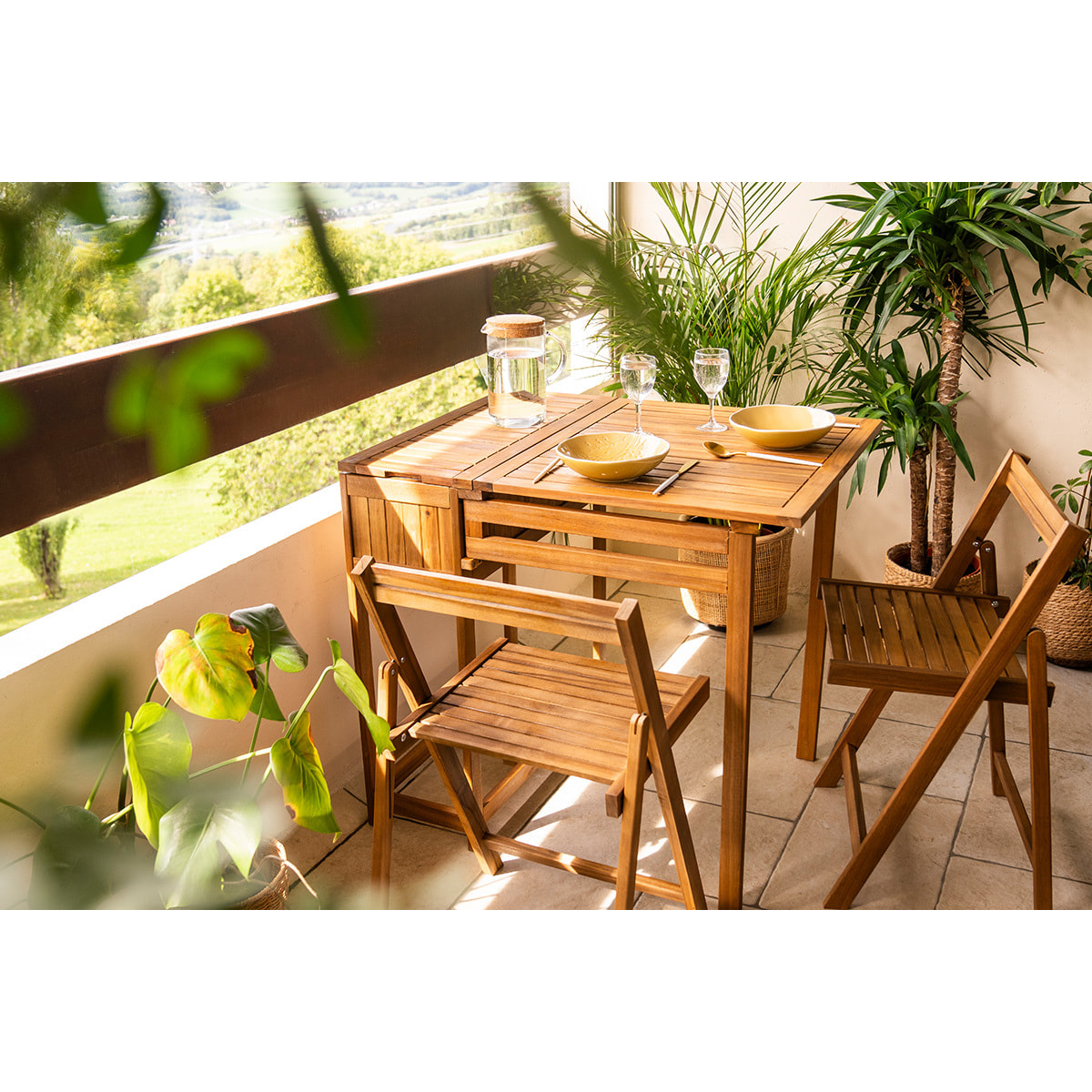 Set de 2 chaises pliantes et 1 table de balcon rabattable avec rangement en bois massif PRADO