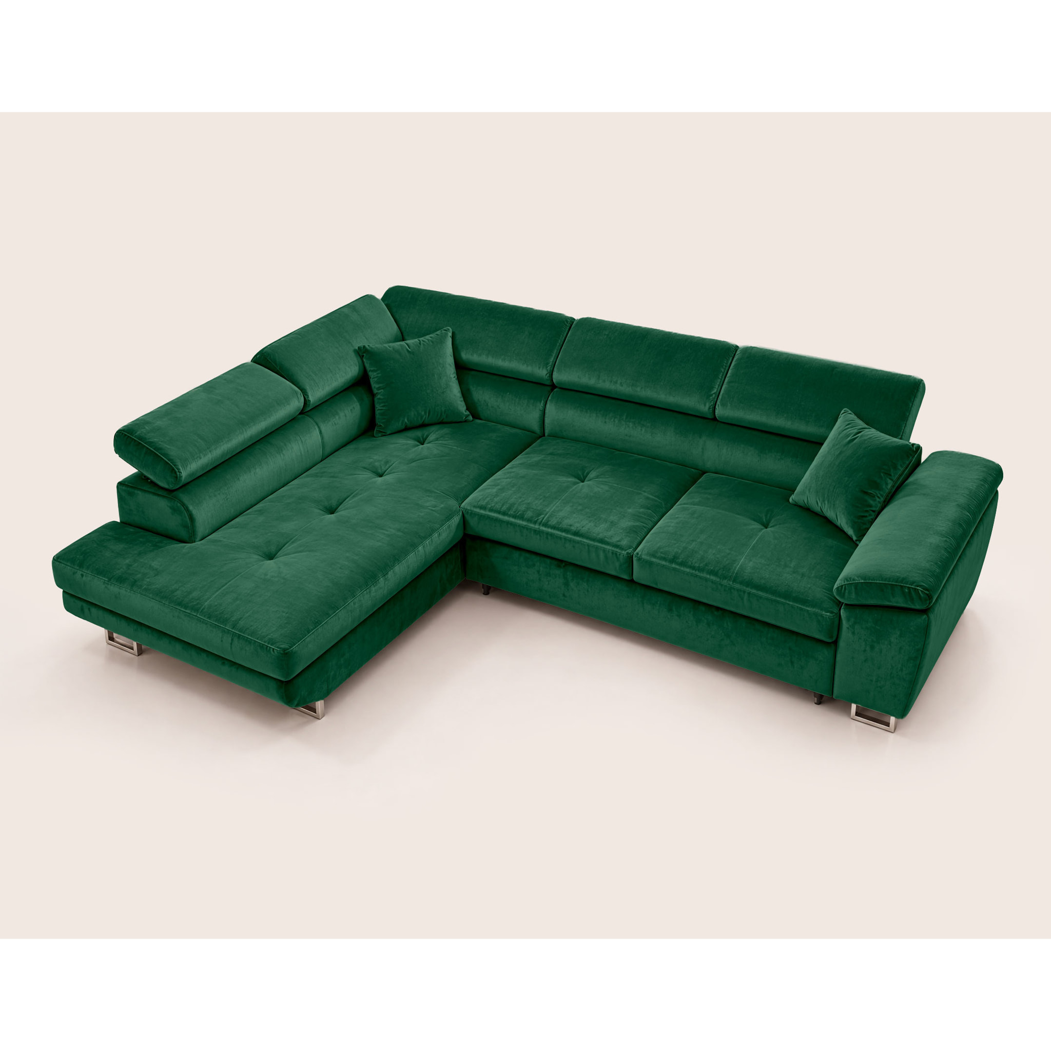 Dimas - canapé d'angle gauche 5 places - convertible avec coffre et têtières réglables - en velours - Vert