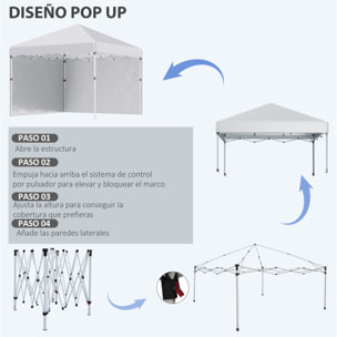 Carpa Plegable Pop-up Gazebo 3x3 m Cenador Plegable con 2 Paredes Laterales Anti-UV Altura Ajustable en 3 Niveles Sacos de Arena y Bolsa de Transporte con Ruedas para Camping Fiestas Blanco