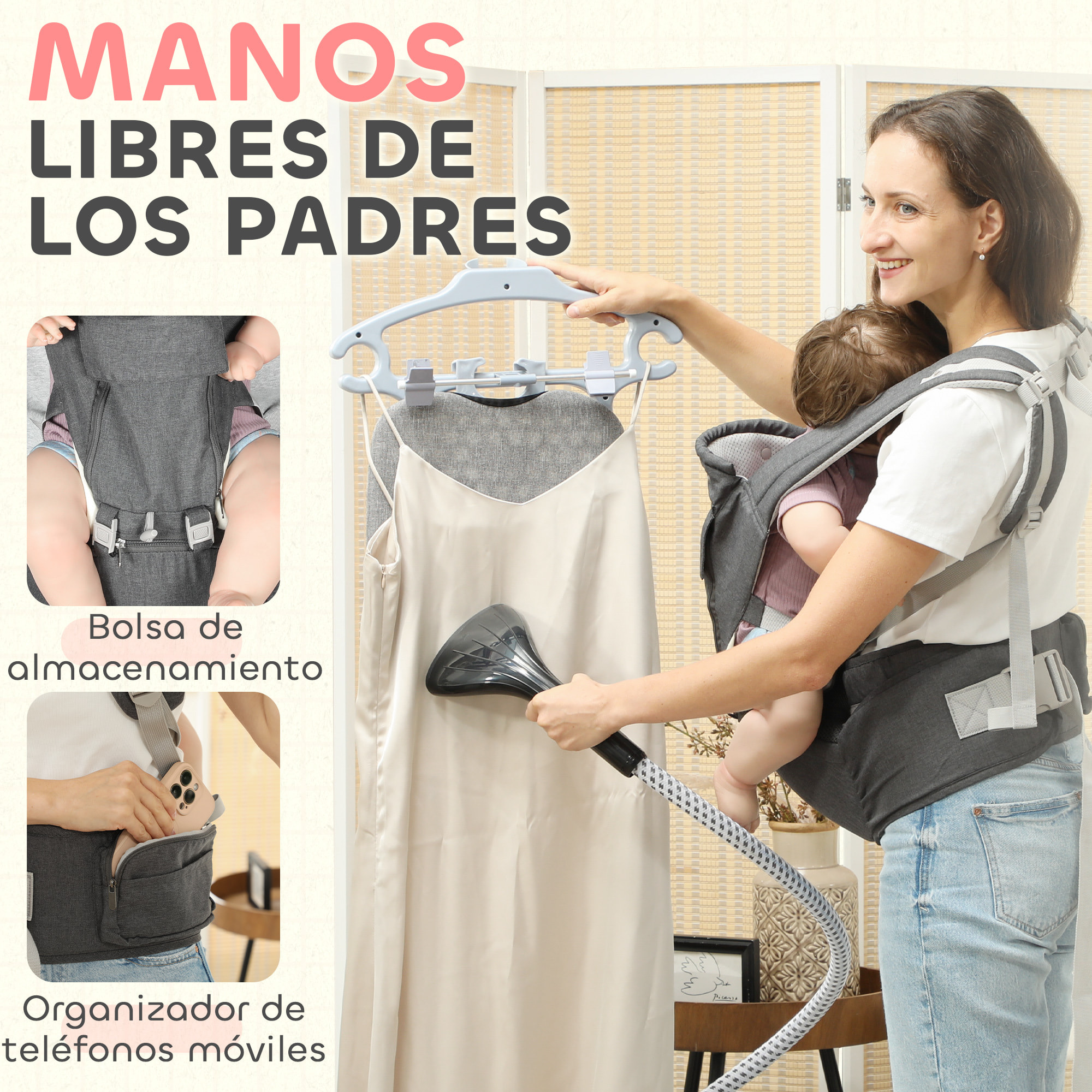 Mochila Portabebés de Recién Nacido hasta 36 Meses Portabebés con Asiento Extraíble Cinturón Ajustable y Bolsillo de Almacenamiento Carga 15 kg Gris