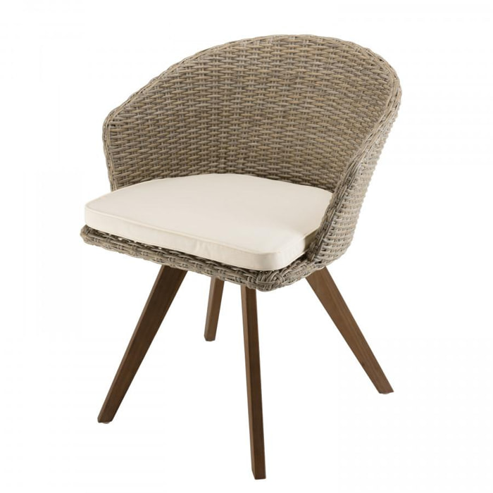 VICTOIRE - Chaise de jardin en rotin synthétique couleur naturelle avec coussin écru pieds en bois Acacia