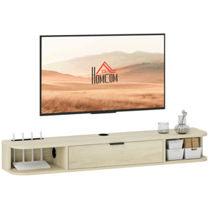 Mueble de TV Suspendido, Mueble de TV para Salón con Cajón Abatible, 2 Estantes Abiertos, Gestión de Cables, Estilo Moderno, para Televisión 50 Pulgadas, 120x24x16 cm, Madera Natural