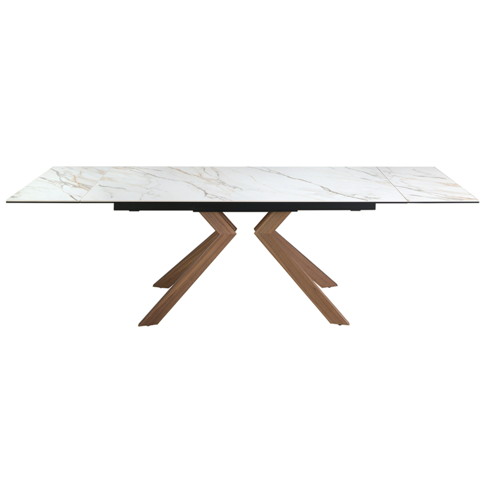 Mesa comedor extensible rectangular con tapa de mármol porcelánico blanco con vetas en tonos grises y marrones en mate 180x90x76cm