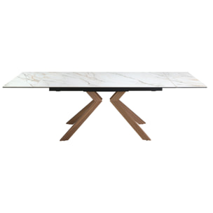 Mesa comedor extensible rectangular con tapa de mármol porcelánico blanco con vetas en tonos grises y marrones en mate 180x90x76cm
