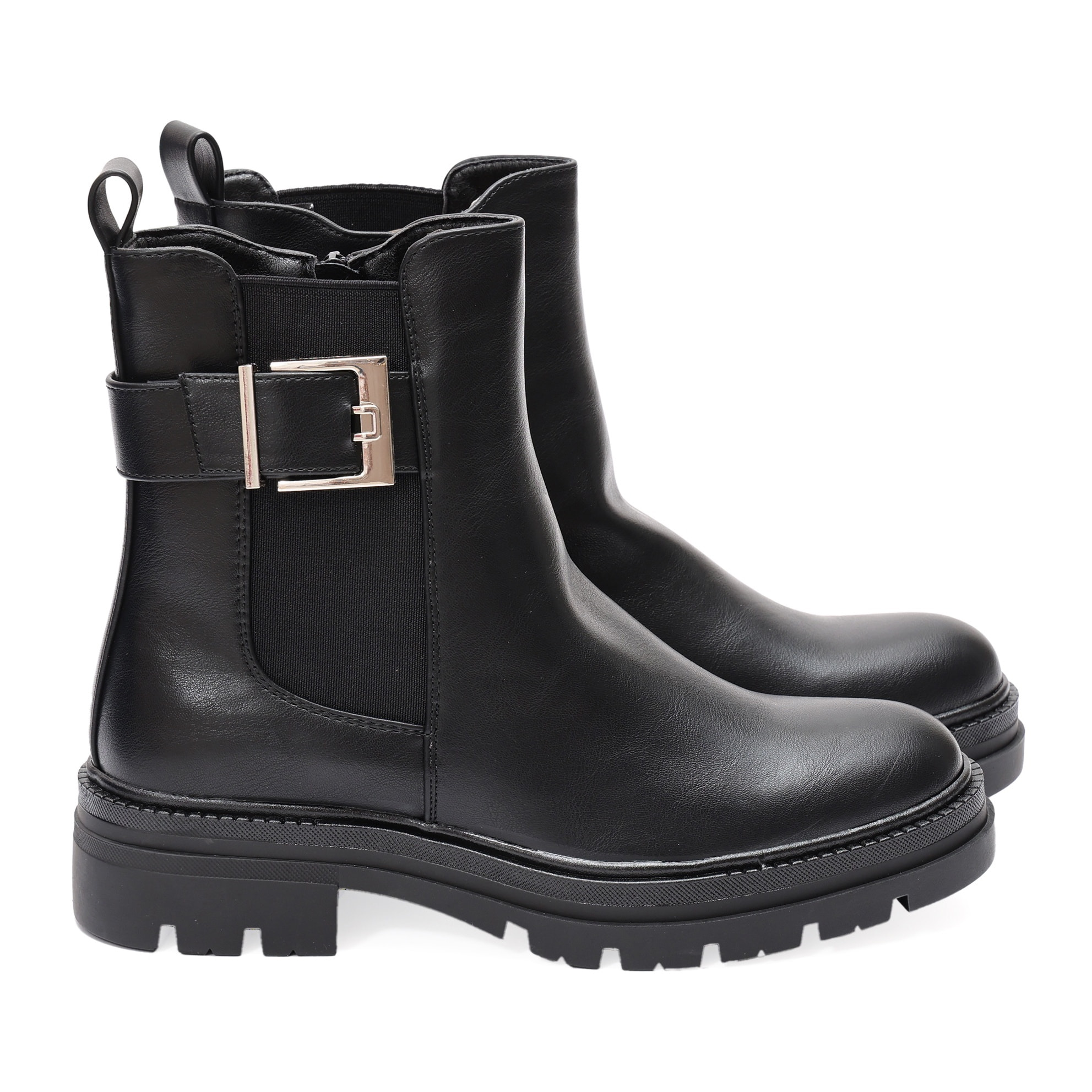 Stivaletto in simil pelle con elastico laterale e fibbia dorata