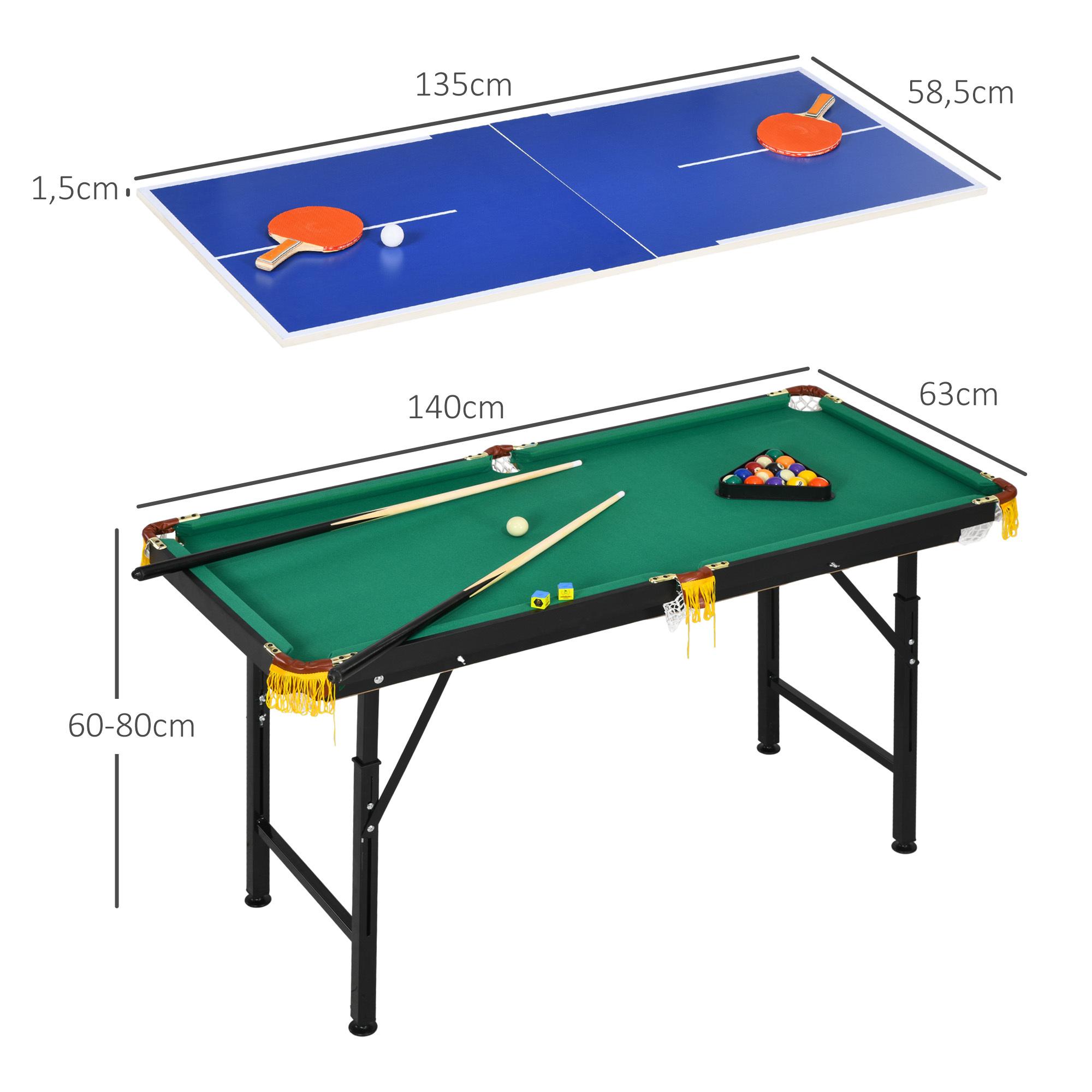 2 en 1 Mesa Multijuegos para Niños de 6+ Años Mesa de Billar Ping Pong Plegable con Altura Ajustable 140x63x60-80 cm Multicolor