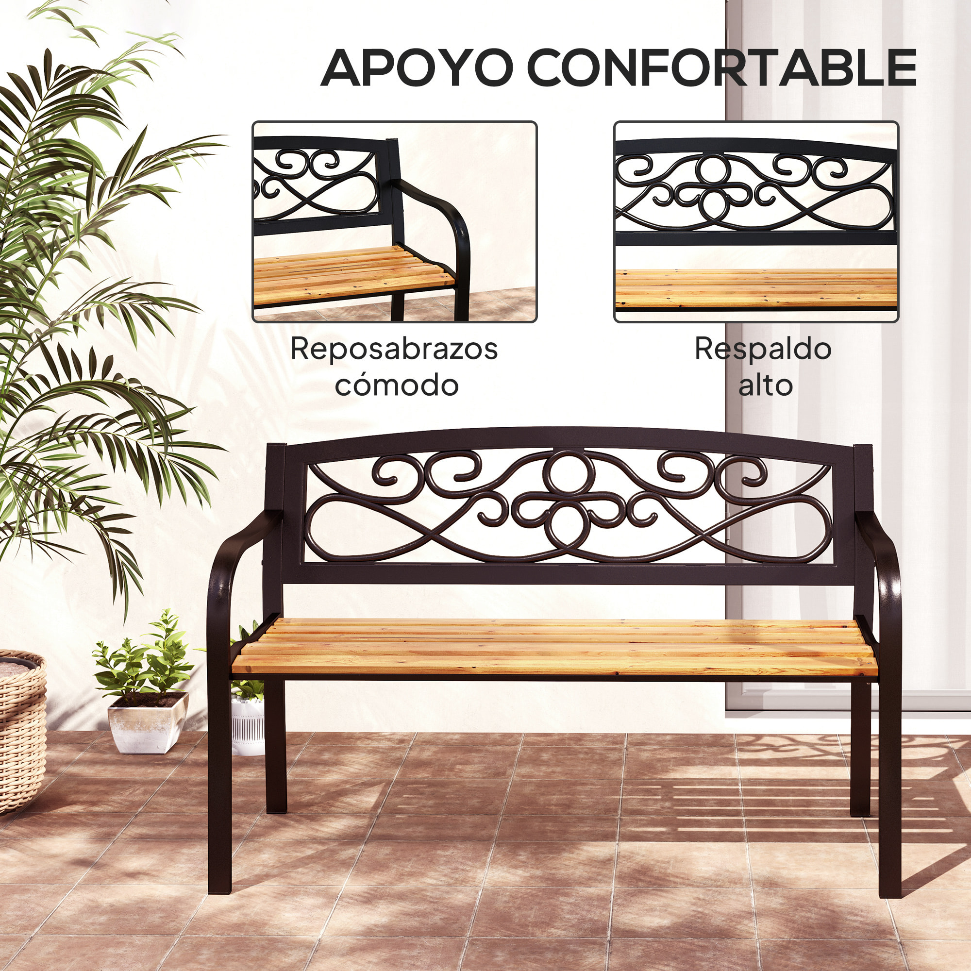 Banco de Jardín Exterior de 2 Plazas Banco de Exterior con Asiento de Madera y Marco de Acero para Patio Terraza 127x56x80 cm Negro y Natural