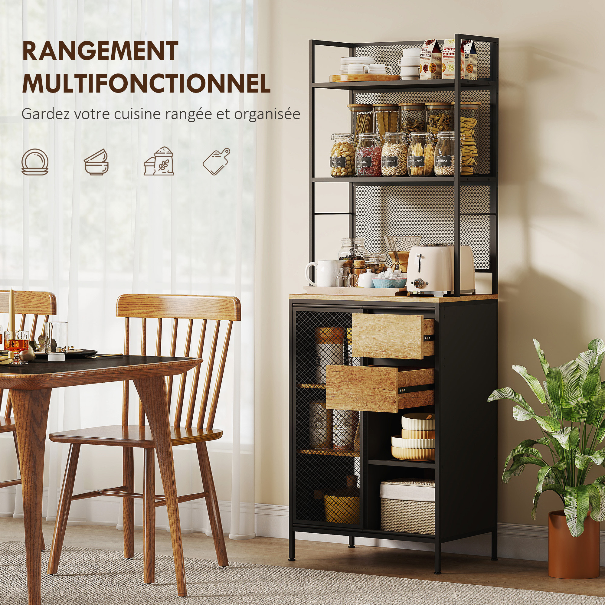 Buffet haut cuisine, armoire de cuisine avec plan de travail, porte coulissante en maille, tiroirs et étagères ouvertes, meuble de rangement industriel, 60x40x180cm, bois naturel et noir