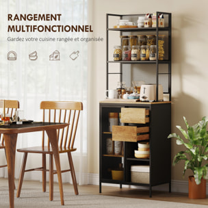 Buffet haut cuisine, armoire de cuisine avec plan de travail, porte coulissante en maille, tiroirs et étagères ouvertes, meuble de rangement industriel, 60x40x180cm, bois naturel et noir