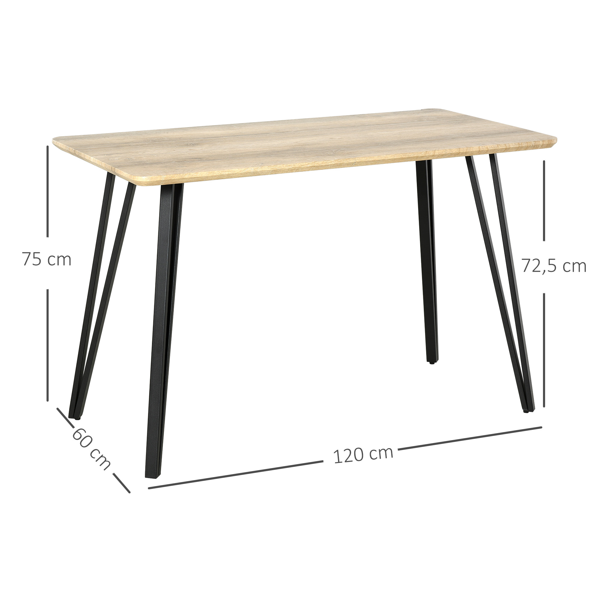Table à manger design industriel grand plateau dim. 120L x 60l x 75H cm pieds métal noir en épingles MDF aspect chêne clair