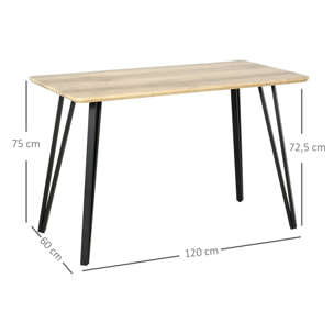 Table à manger design industriel grand plateau dim. 120L x 60l x 75H cm pieds métal noir en épingles MDF aspect chêne clair