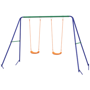 Balançoire 2 agrès portique avec 2 balançoires dim. 2,69L x 1,6l x 1,8H m métal époxy anticorrosion vert bleu PP orange