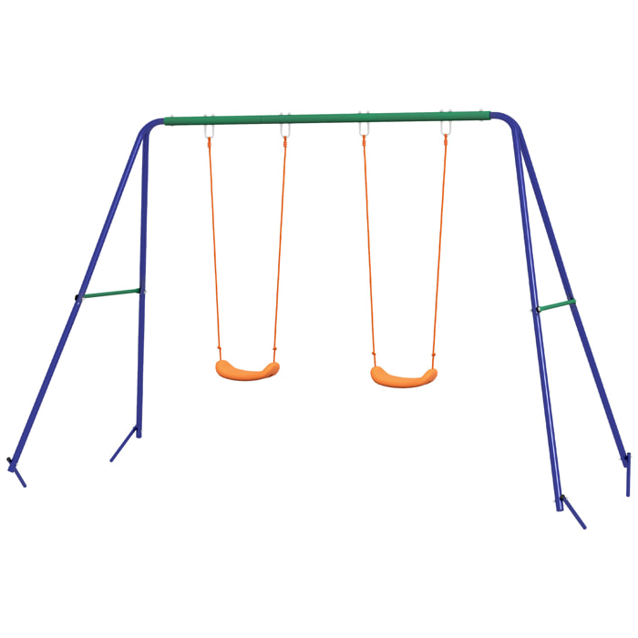 Balançoire 2 agrès portique avec 2 balançoires dim. 2,69L x 1,6l x 1,8H m métal époxy anticorrosion vert bleu PP orange
