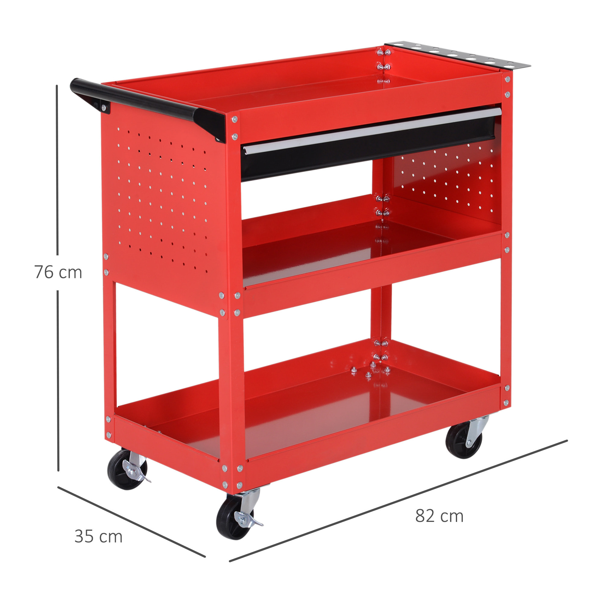 Carro de Taller, Carro de Herramientas con 3 Bandejas y Cajón, Ruedas con Frenos, Asa Lateral, Panel Lateral Perforado, para Garaje Mecánico, Hogar, Rojo