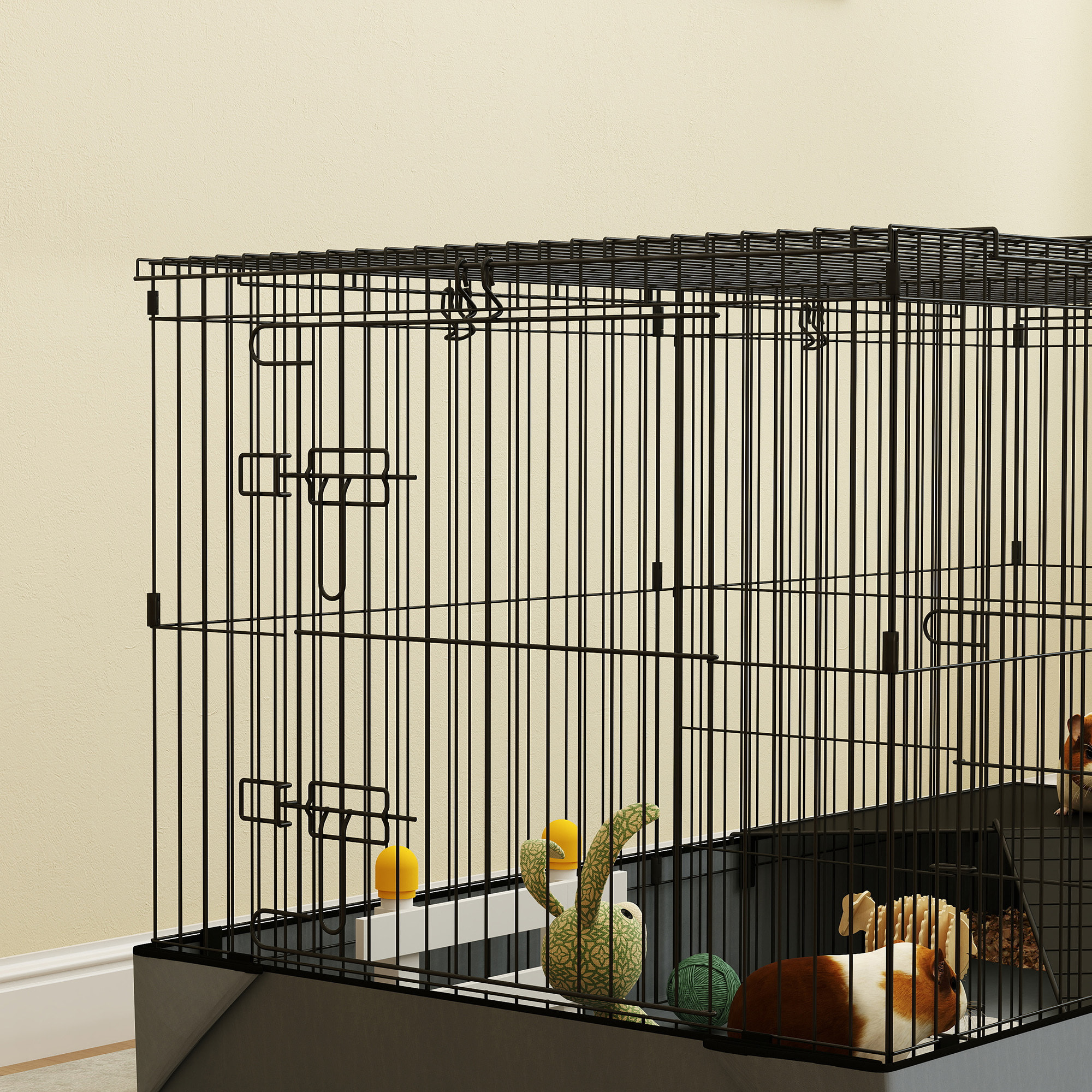 Cage pour cochon d'inde avec séparation 2 zones - plateforme observation, rampe, portes - acier noir PVC tissu gris