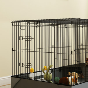 Cage pour cochon d'inde avec séparation 2 zones - plateforme observation, rampe, portes - acier noir PVC tissu gris