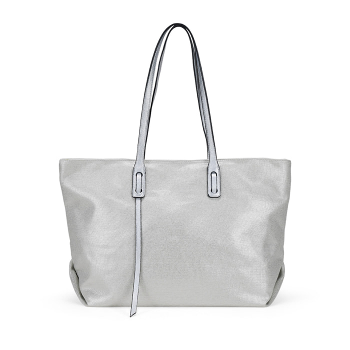 Bolso shopper plateado en canvas con cremallera