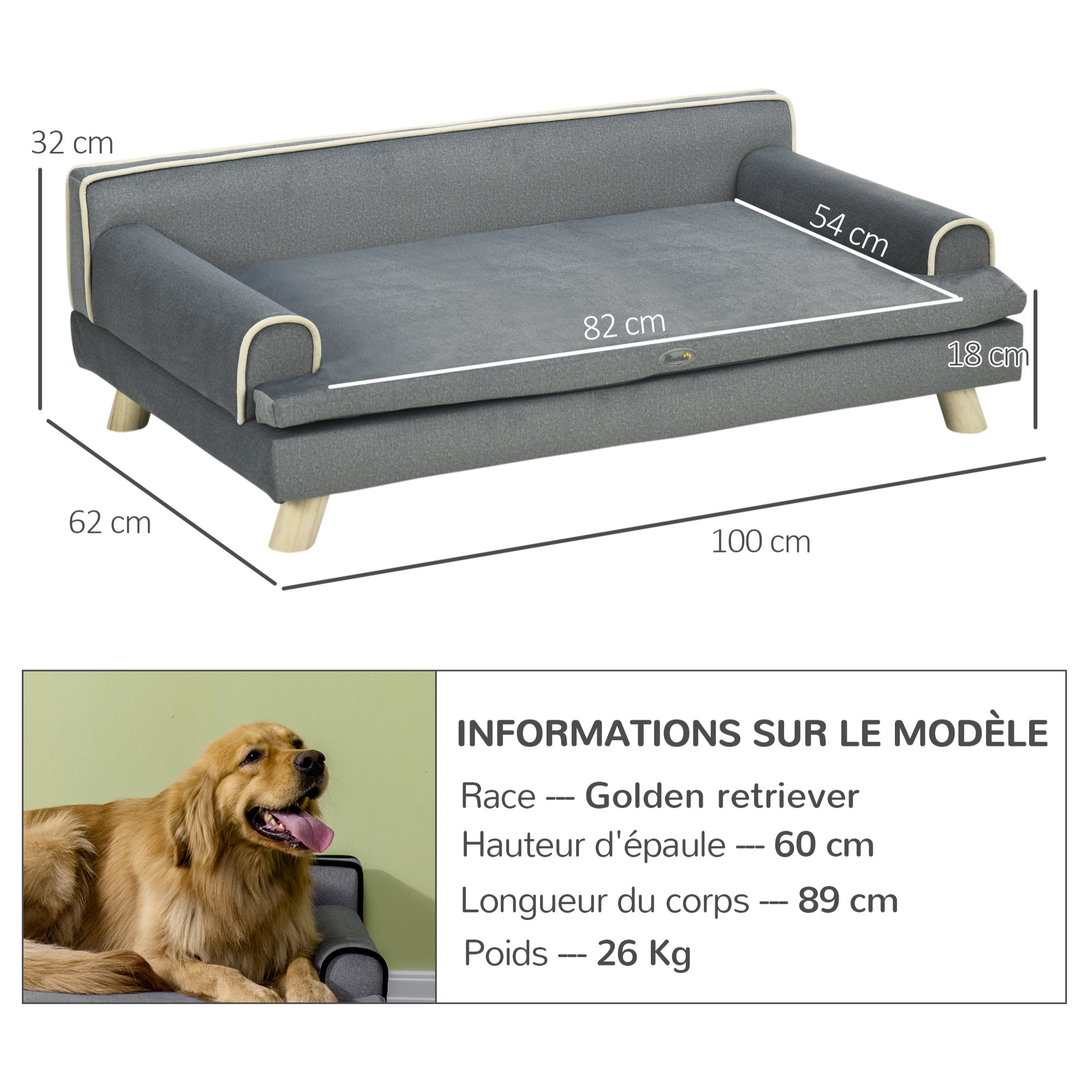 Canapé chien lit pour chien design scandinave coussin moelleux piètement bois dim. 100L x 62l x 32H cm polyester gris