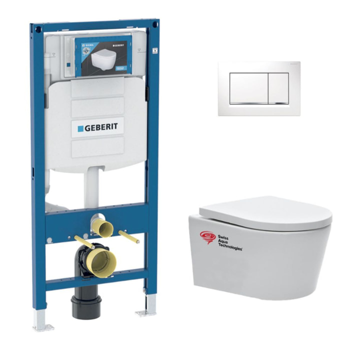 Pack WC Bati Geberit + Cuvette sans bride Swiss Aqua Technologies + Abattant SoftClose + plaque blanche (GebSATrimless-H)