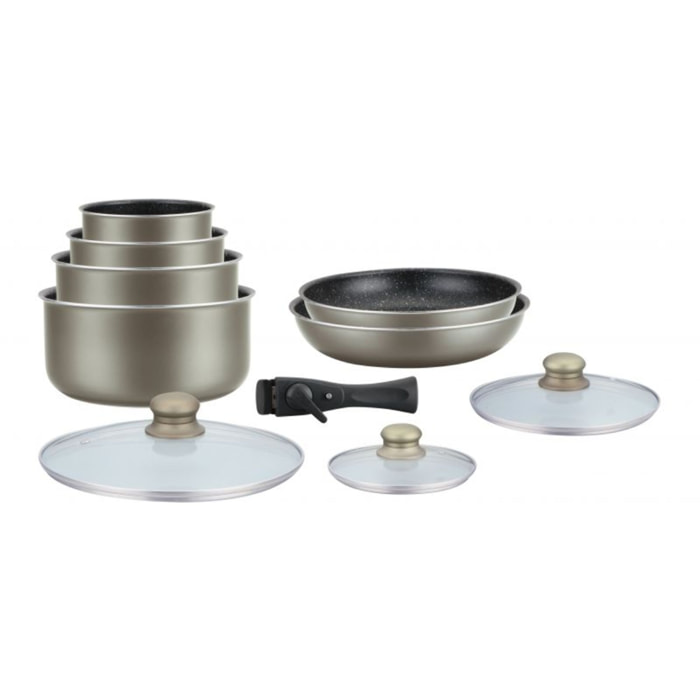 Batterie de cuisine revêtement pierre avec manche amovible 10 pieces Carbone Hagen HA04616-CAR