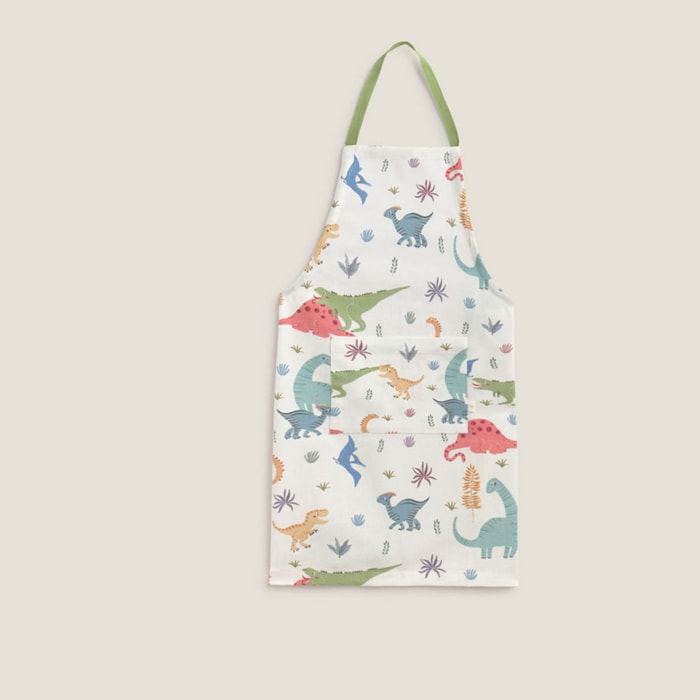 Delantal infantil con estampado de dinosaurios Dinot color blanco 100% Algodón