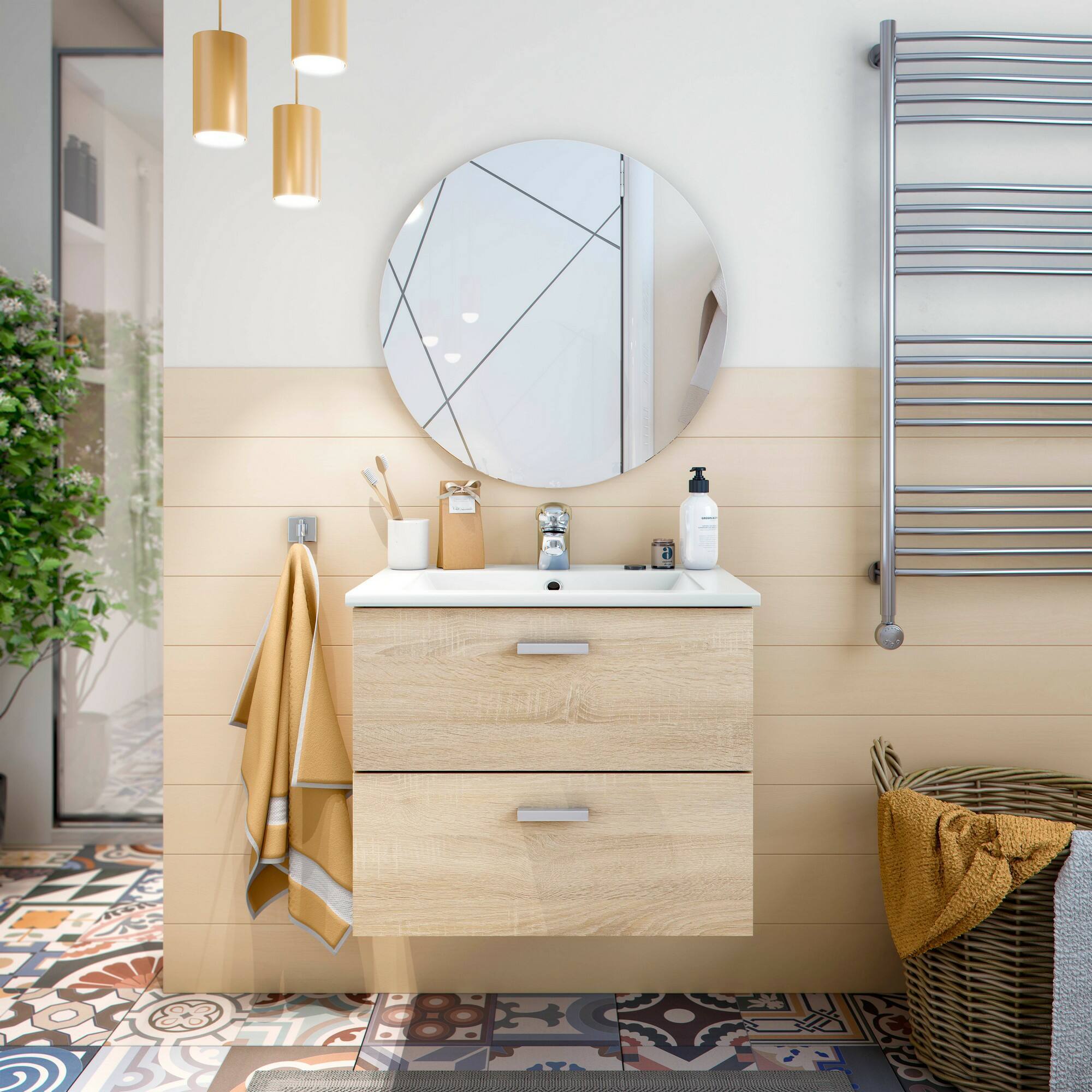 Mobile sottolavabo Doksuri, Mobiletto da bagno, Contenitore porta lavabo, Armadio per lavandino, 60x45 h50 cm, Rovere