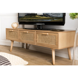 ROMEO - Meuble TV couleur naturelle 3 tiroirs bois cannage