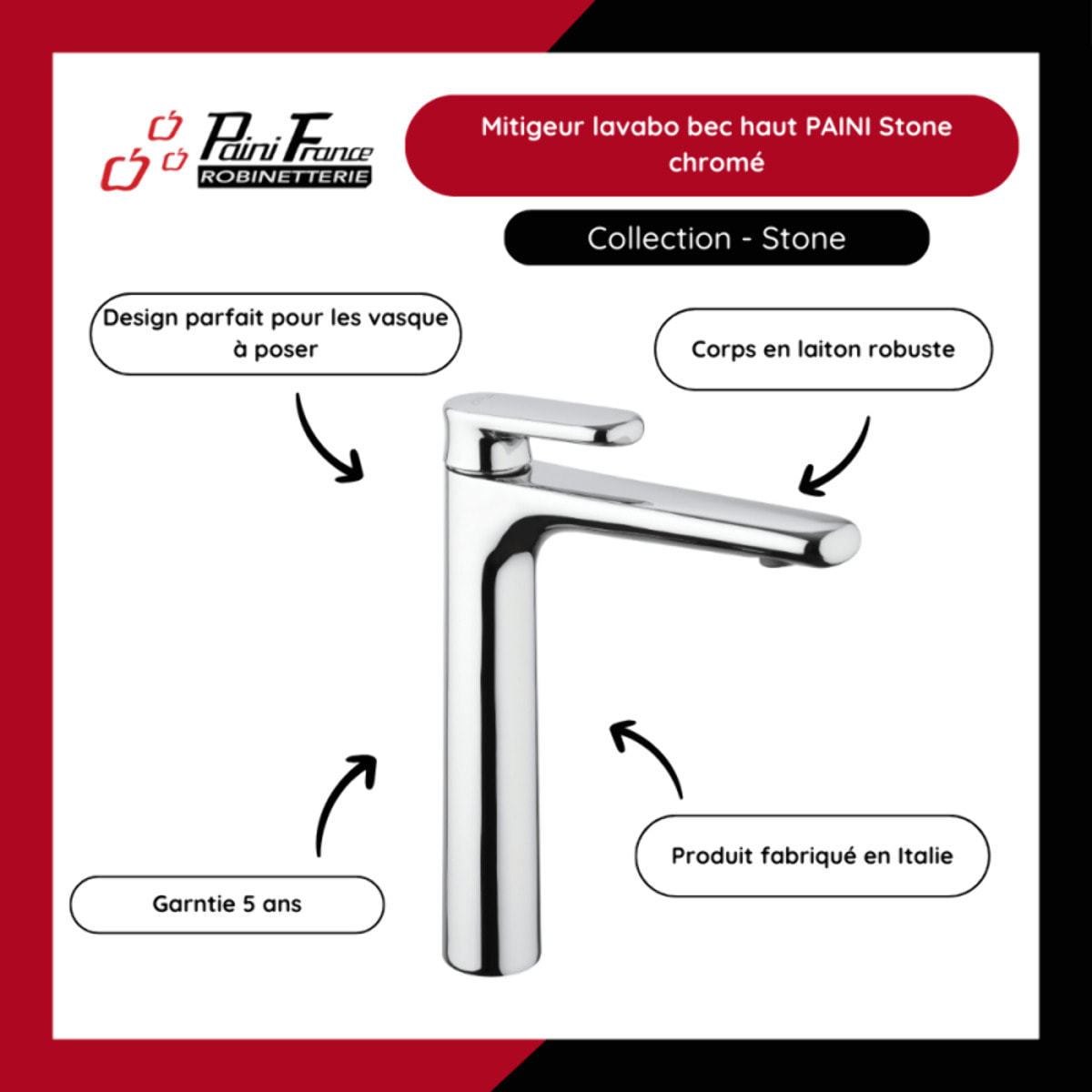 Mitigeur lavabo bec haut PAINI Stone chromé