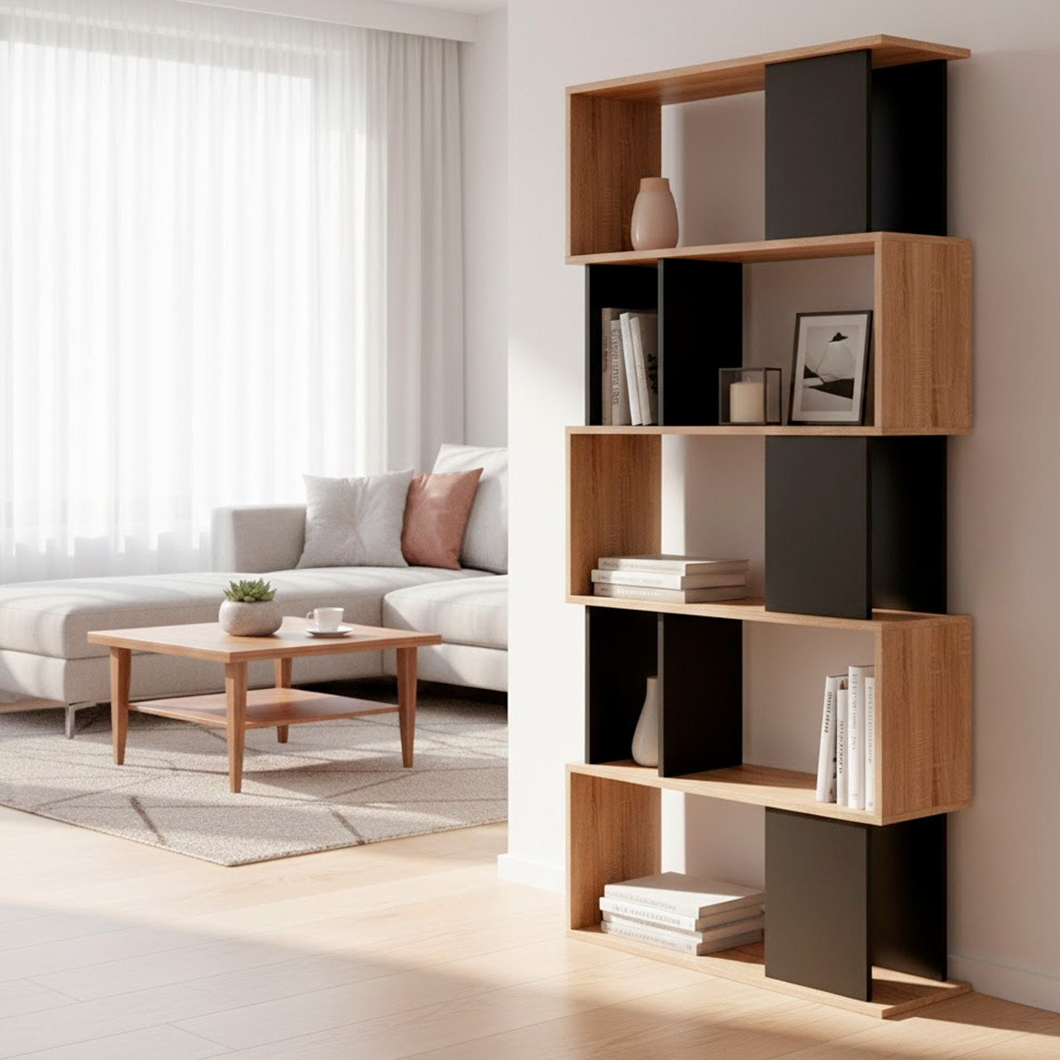 Libreria Moderna a Giorno Con Design Geometrico Asimmetrico Libreria Salvaspazio Ideale Per Soggiorno Studio E Ufficio 80x29.5x173.5 cm Rovere e Nero