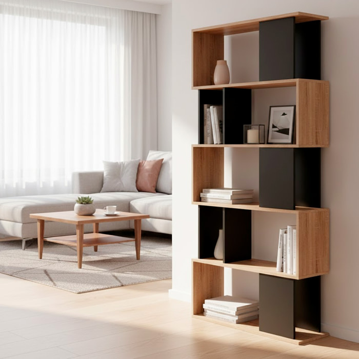 Libreria Moderna a Giorno Con Design Geometrico Asimmetrico Libreria Salvaspazio Ideale Per Soggiorno Studio E Ufficio 80x29.5x173.5 cm Rovere e Nero