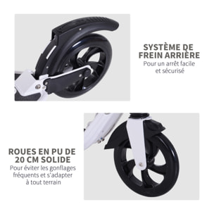 Trottinette pliable pour adulte enfant à partir 14 ans dim. 94L x 38l x 95-105H cm hauteur guidon réglable suspensions AV AR roues PU alu blanc