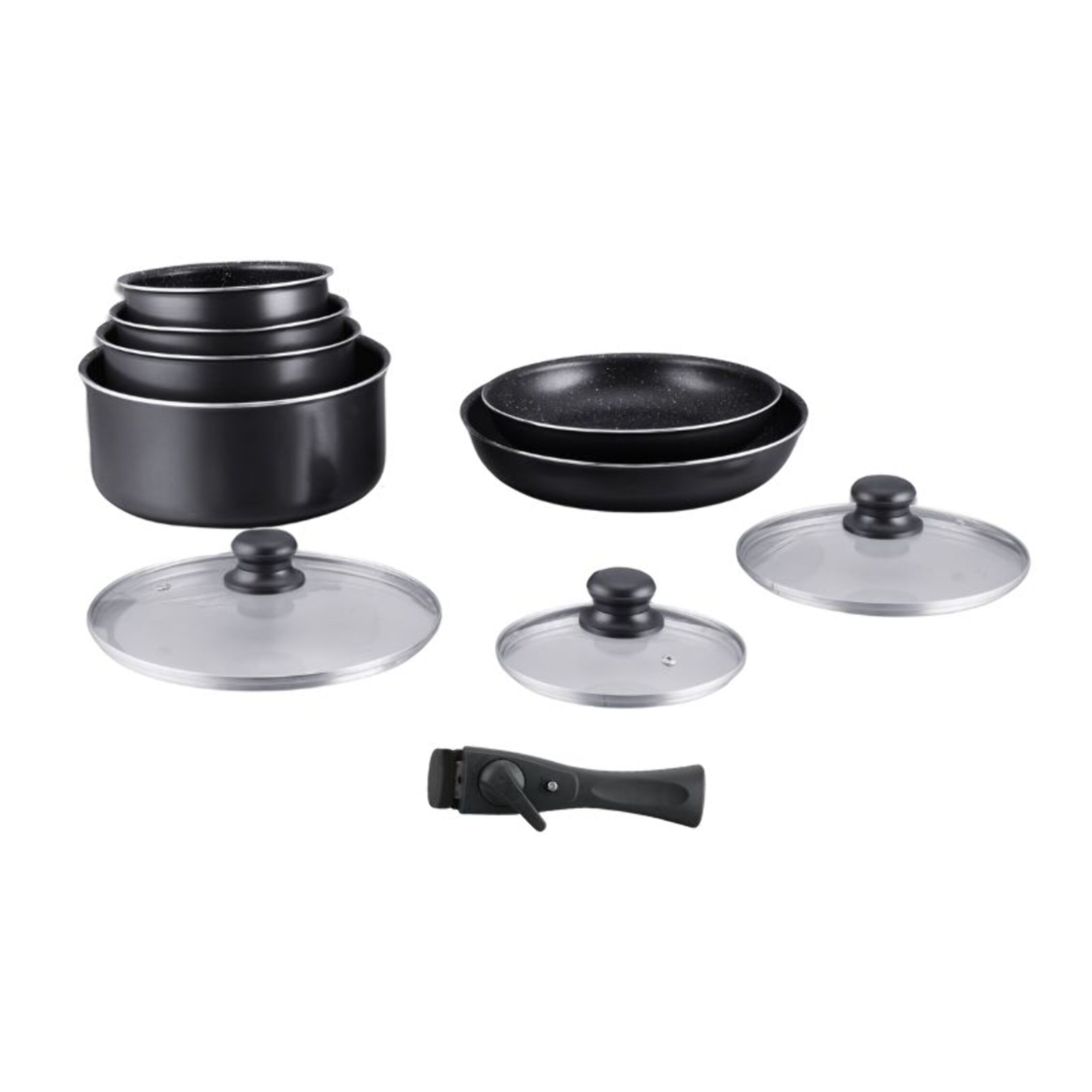 Batterie de cuisine revêtement pierre avec manche amovible 10 pieces noir Hagen HA04630-BLK