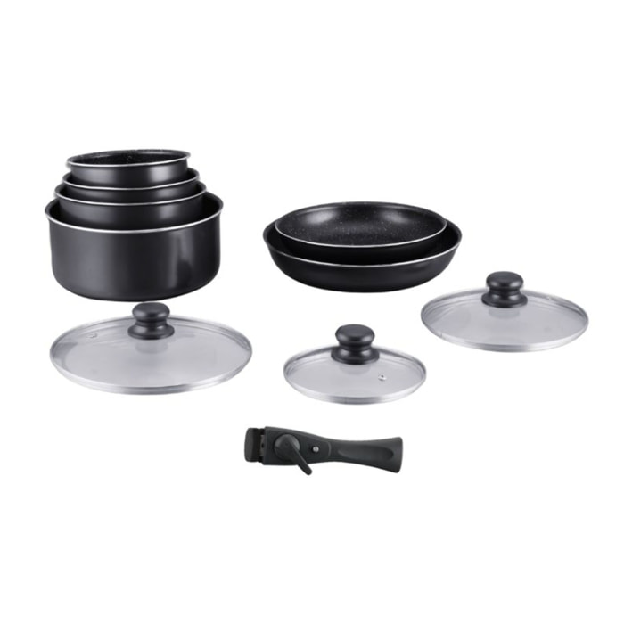 Batterie de cuisine revêtement pierre avec manche amovible 10 pieces noir Hagen HA04630-BLK
