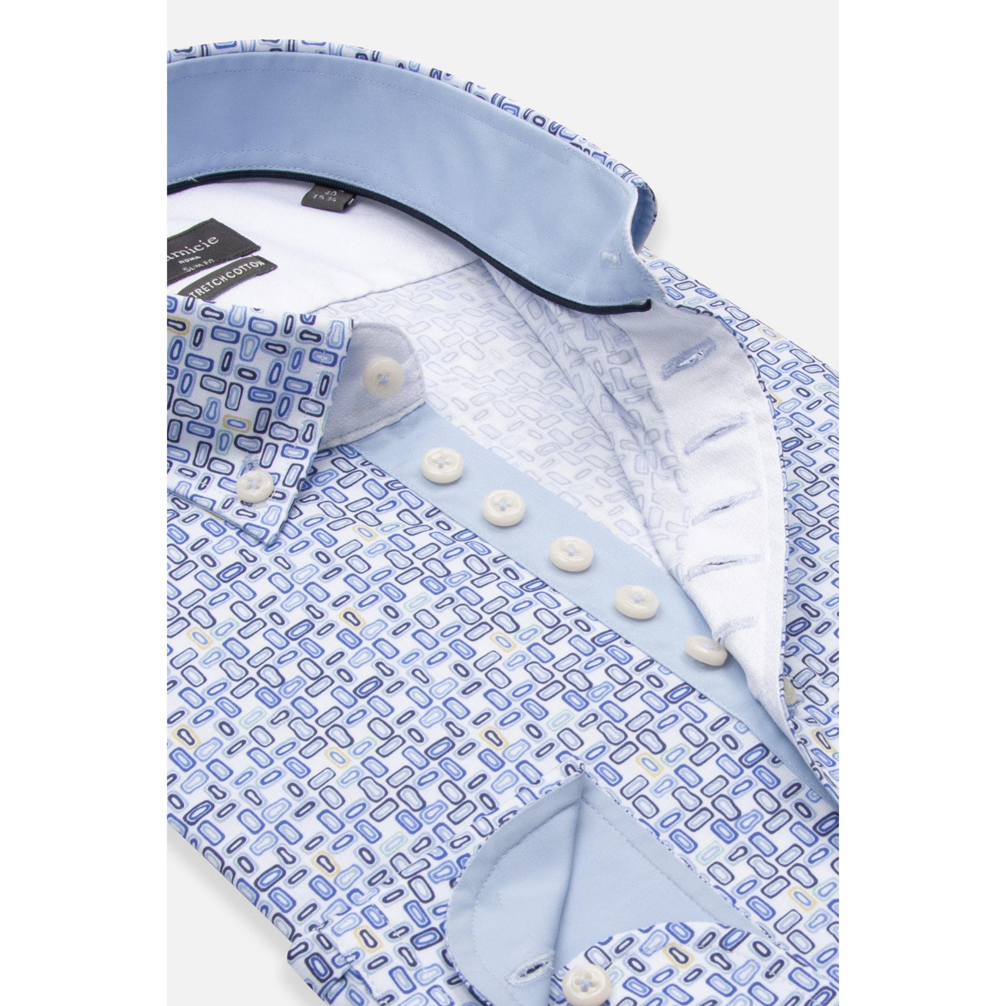 Camicia Uomo 1 Bottoni Button Down Slim Popeline Stretch Stampato Bianco\Blu Inchiostro