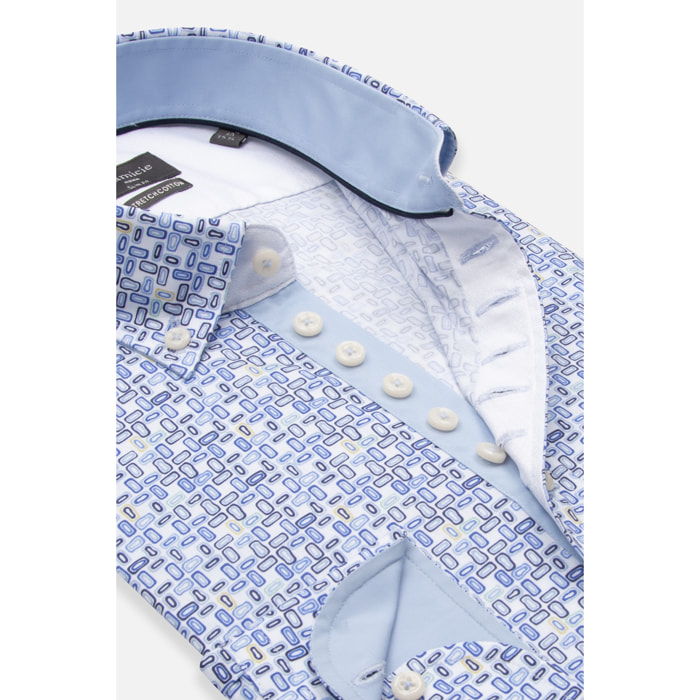 Camicia Uomo 1 Bottoni Button Down Slim Popeline Stretch Stampato Bianco\Blu Inchiostro