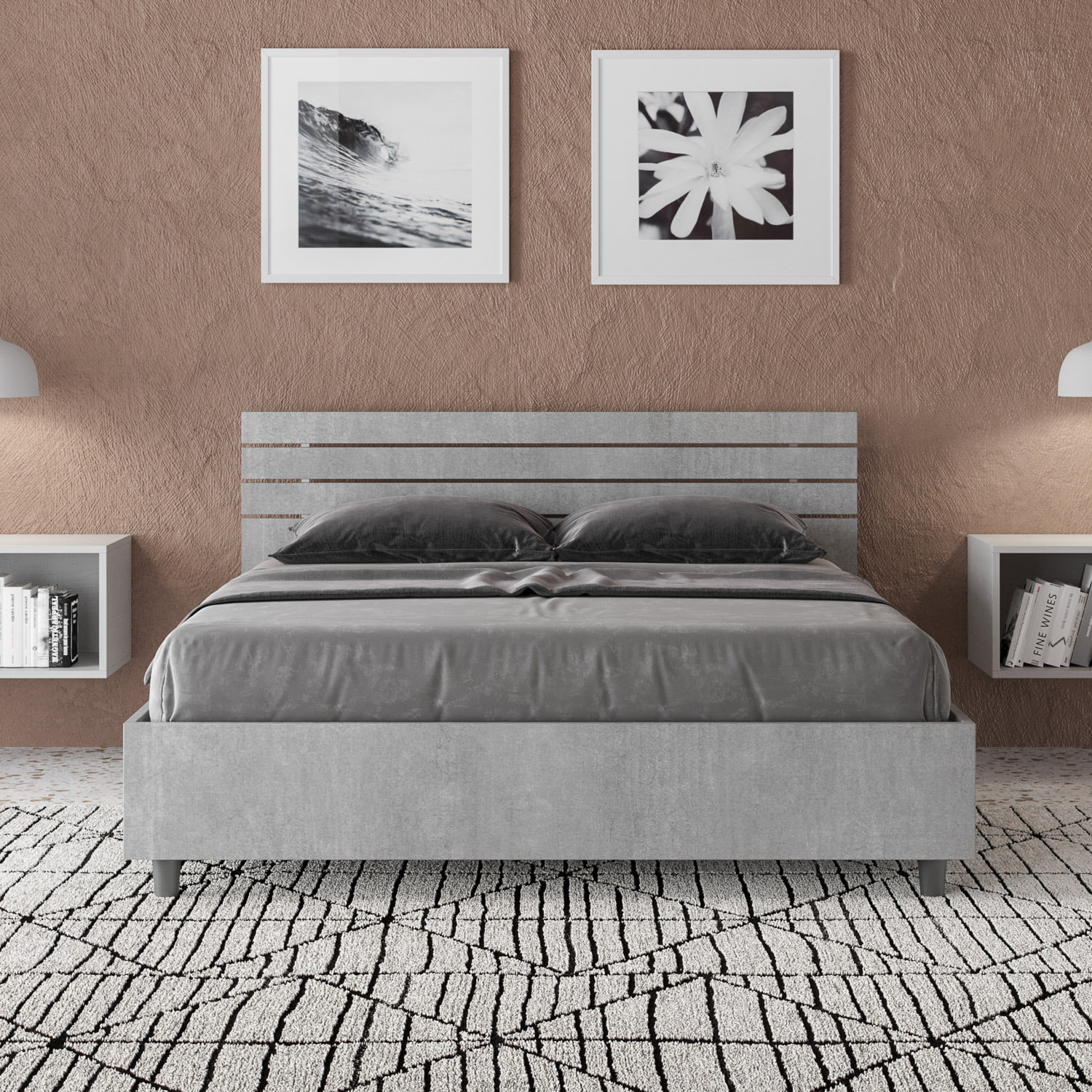 Letto matrimoniale francese contenitore 140x190 testata inclinata con doghe cemento Ankel